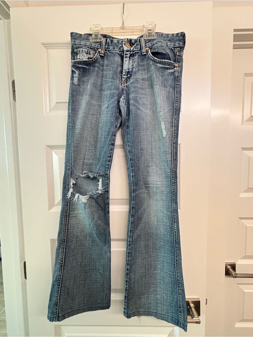 7 For All Mankind Women's Light Blue Bootcut Jeans with Knee Distress